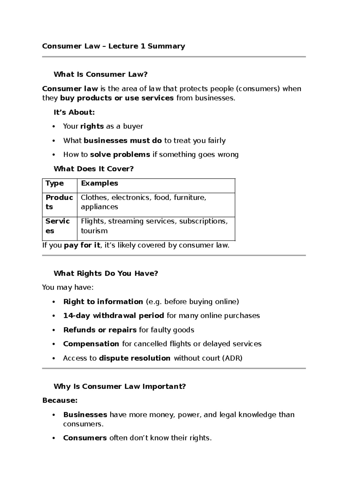 Consumer Law - Lecture 1 Summary: Understanding Your Rights and ...