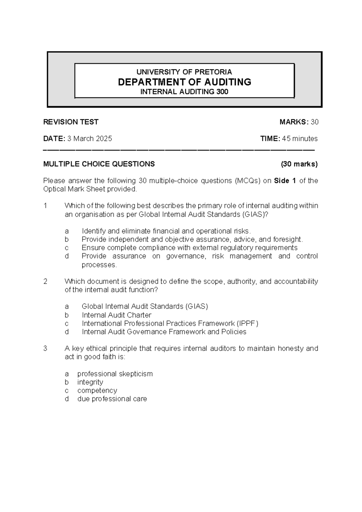 Internal Auditing 300: March 2025 Revision Test Questions - Studocu