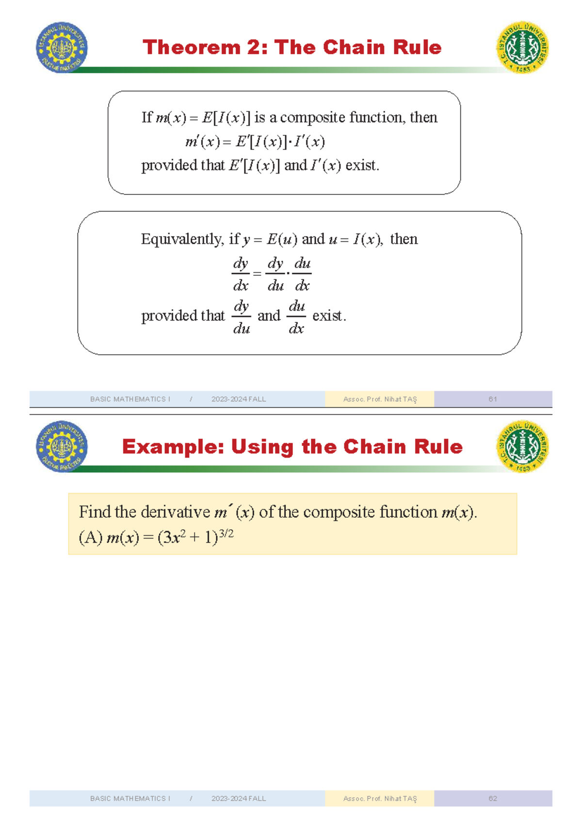 BASIC MATHEMATICS I FALL 61-70: Chain Rule & Derivative Examples - Studocu