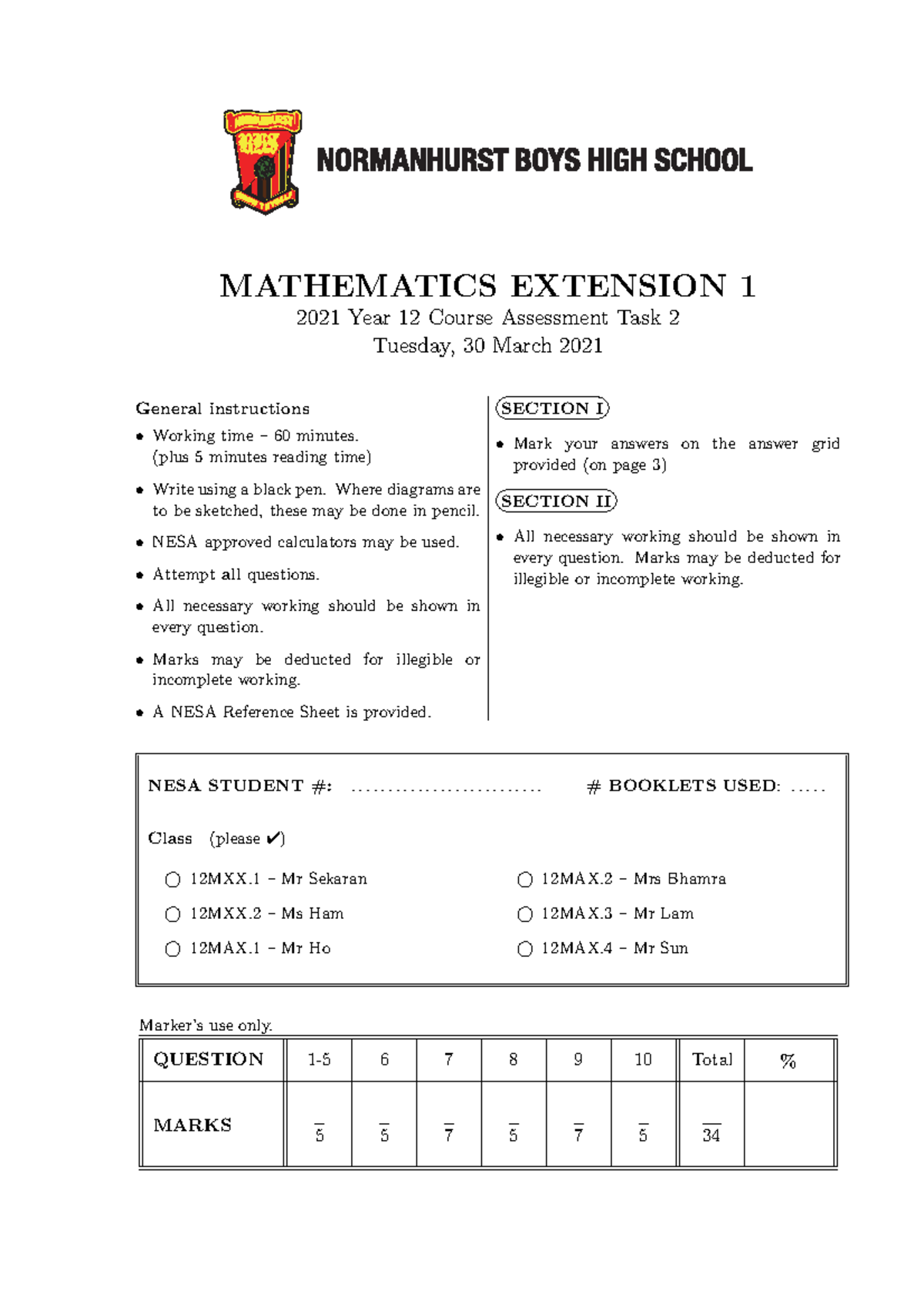 2021 Year 12 Mathematics Extension 1 Assessment Task 2 Question Paper ...