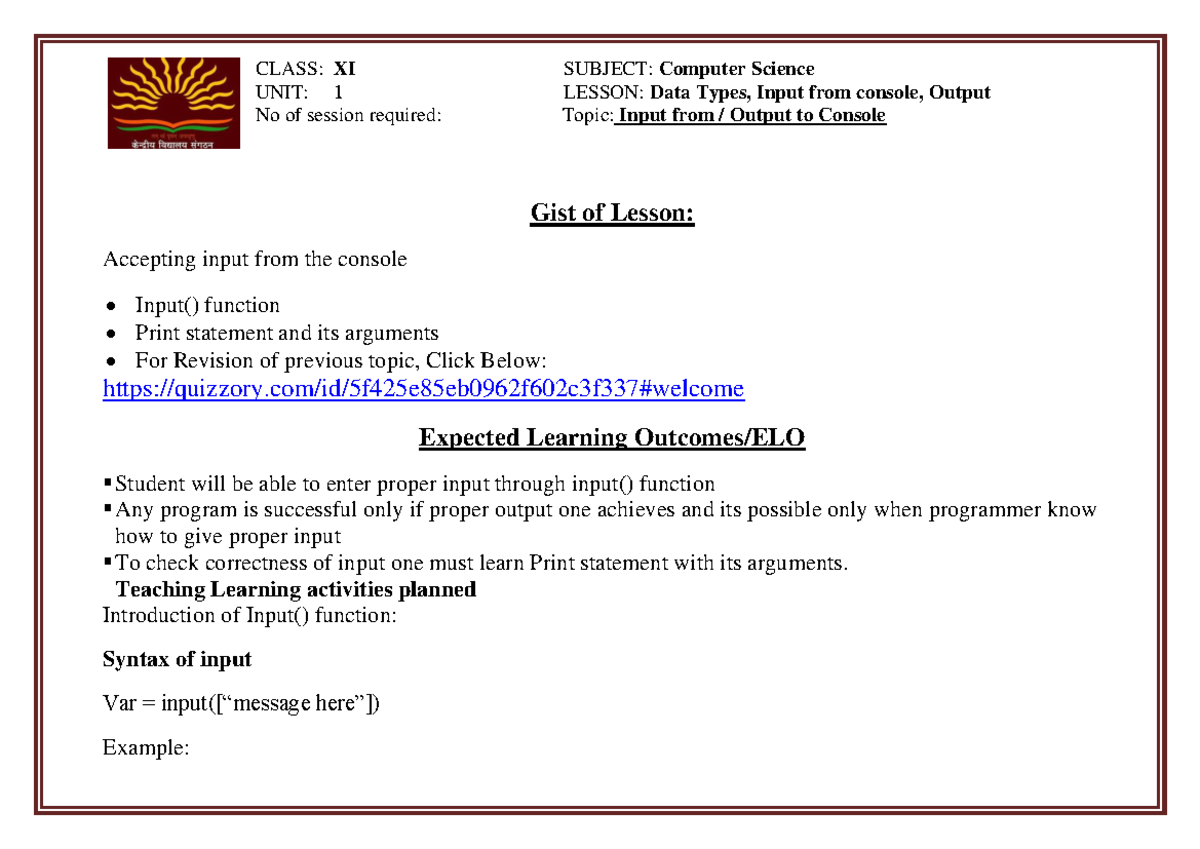 Final Lesson Plan - Input & Output in CS XI Unit 1 - Studocu