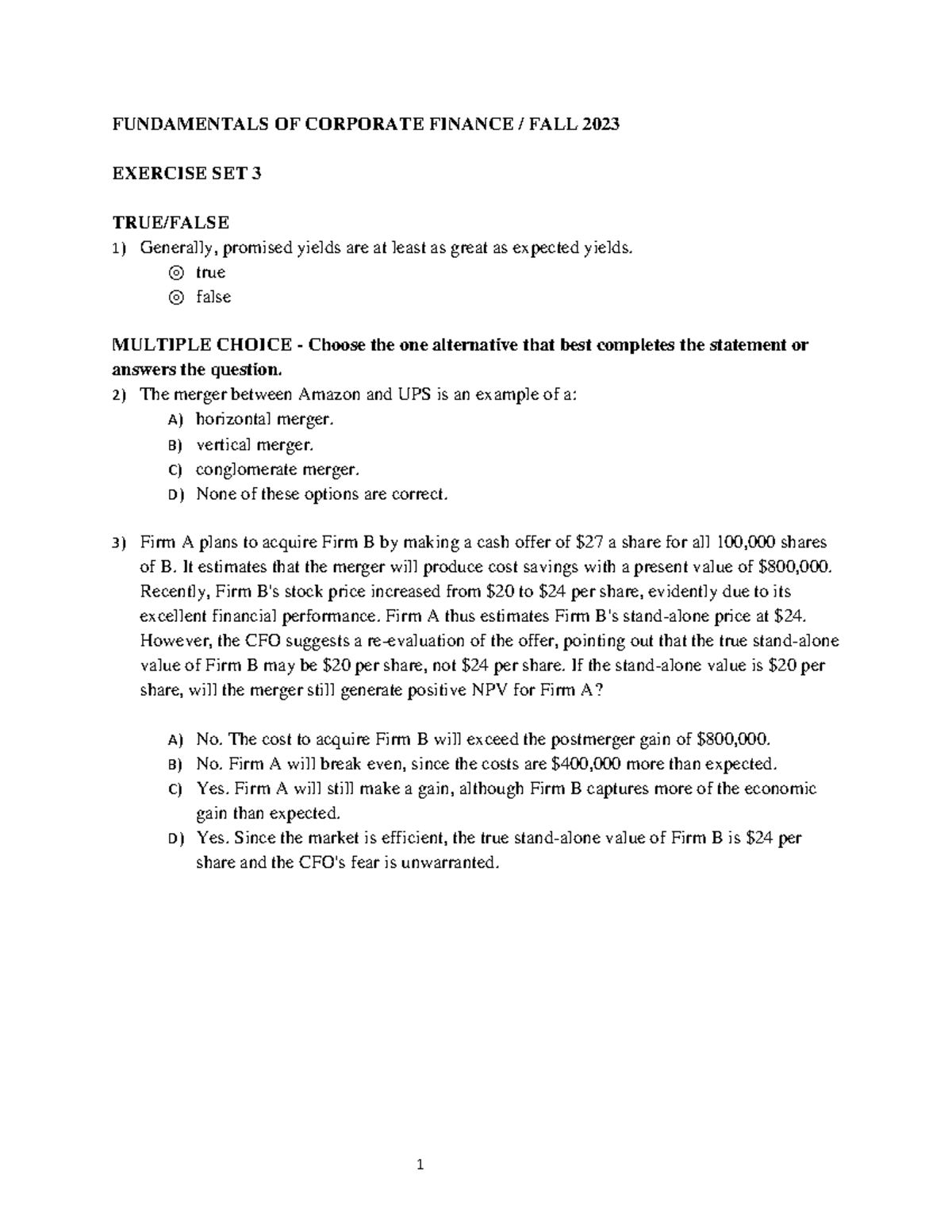 Exercise Set 3: Fundamentals of Corporate Finance (FALL 2023) - Studocu