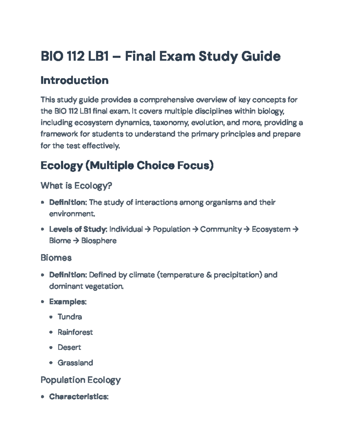BIO 112 LB1 - Final Exam Study Guide: Key Concepts in Biology - BIO 112 ...