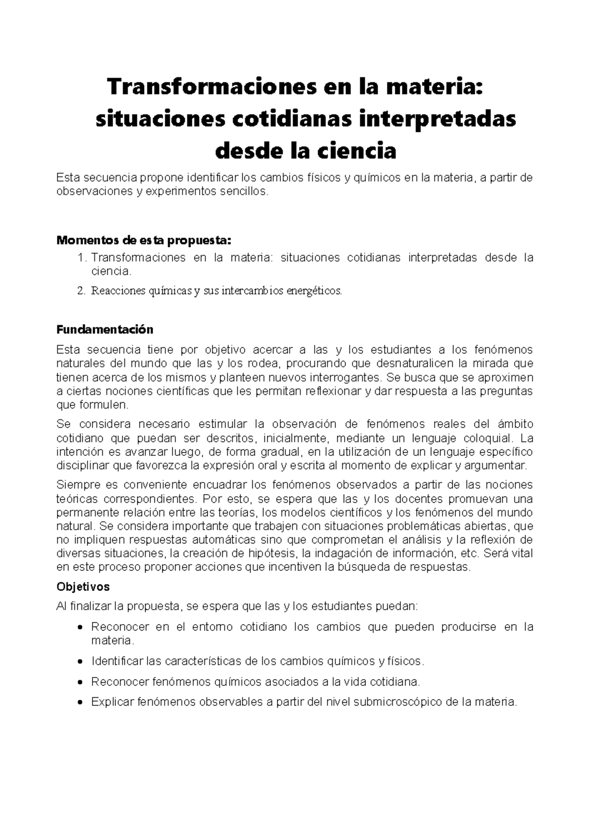 Proyecto Ciencias: Transformaciones de la Materia en Situaciones ...