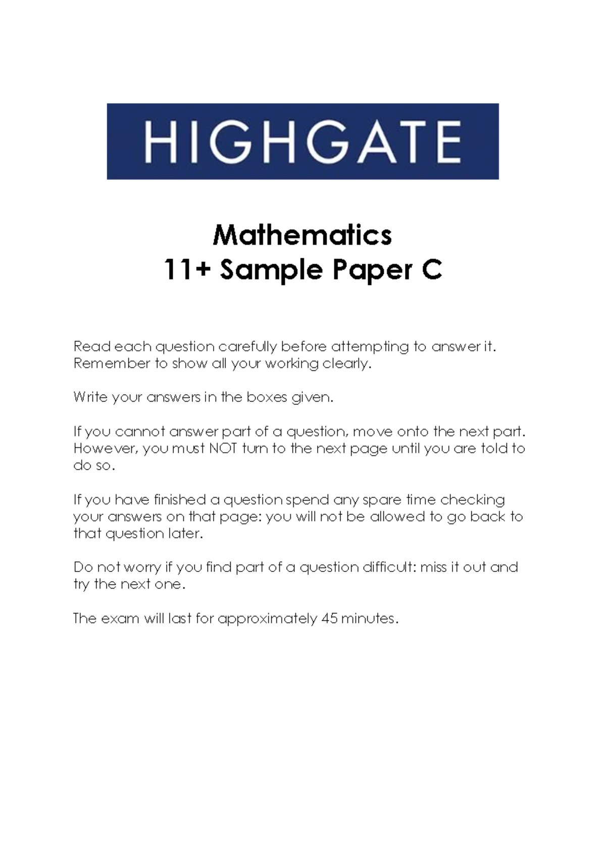 Highgate School 11 Plus Maths Sample Paper D - Highgate School Entrance ...