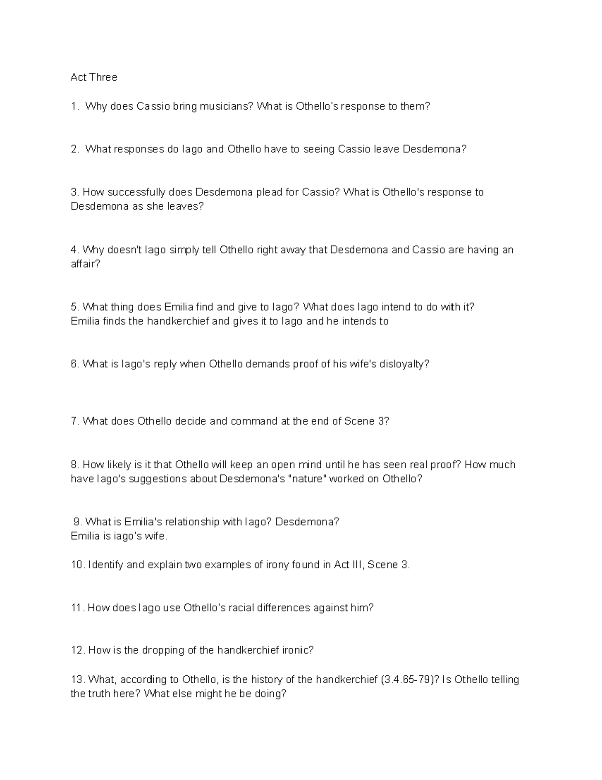 Act III Othello Questions 3: Analyzing Characters and Irony - Studocu