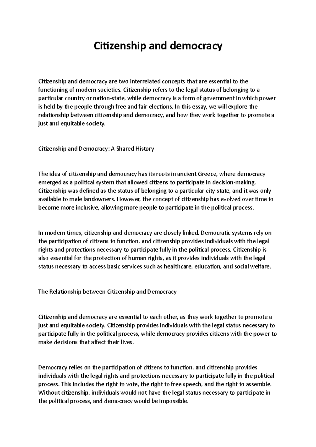 Citizenship and Democracy: Interconnection and Active Engagement - Studocu