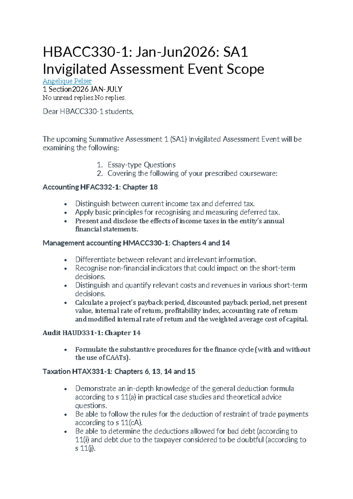 SA1 Invigilated Assessment Event: Exam Criteria Overview - Studocu