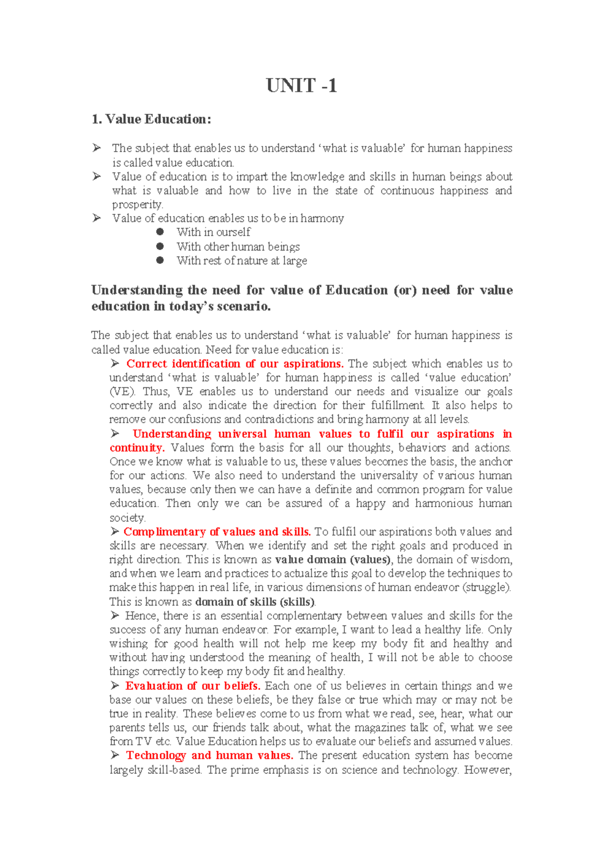 UNIT 1: Lecture Notes on Value Education and Human Happiness - Studocu