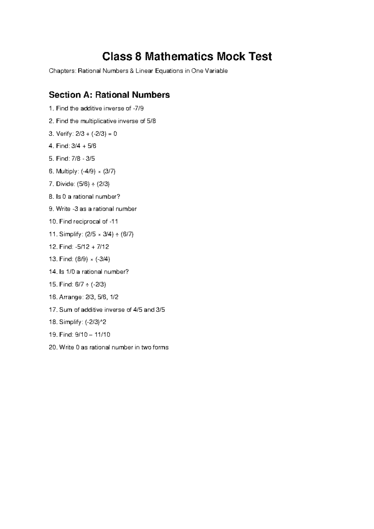 Class 8 Mathematics Mock Test: Rational Numbers & Linear Equations ...
