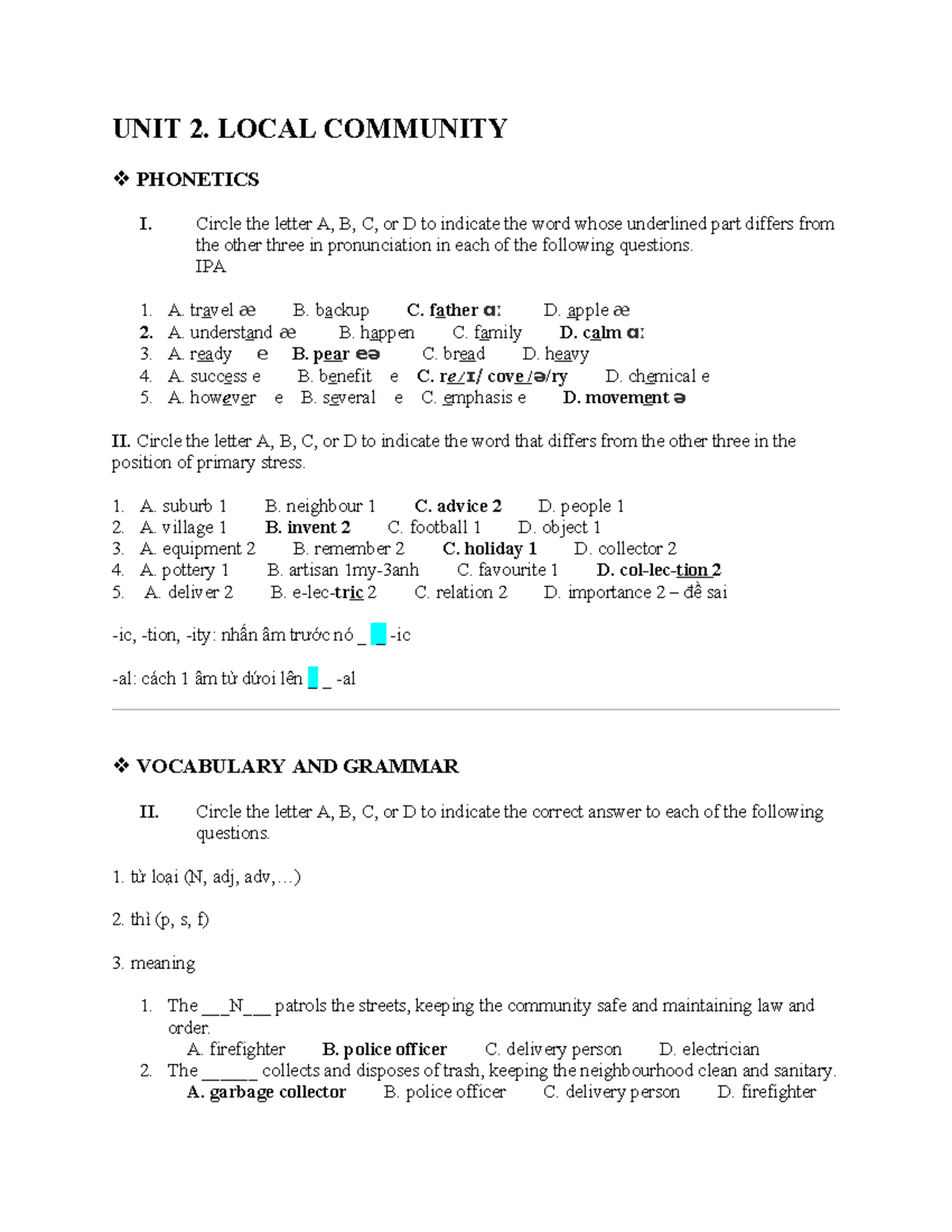 UNIT 2 - Local Community Phonetics & Vocabulary Practice - Studocu