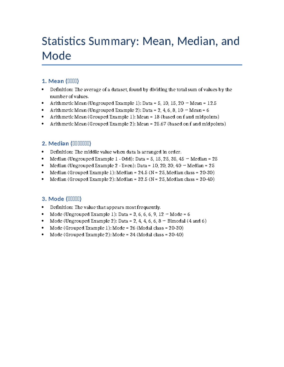 Statistics Summary: Mean, Median, and Mode Concepts and Examples - Studocu