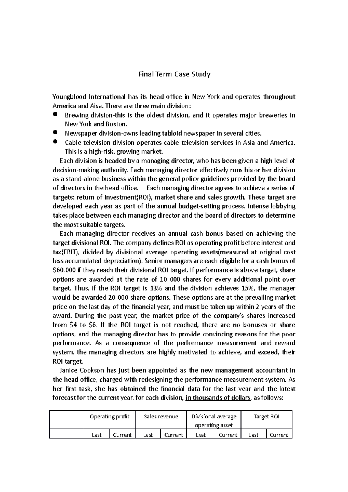 A Case Study about management accounting - Final Term Case Study ...