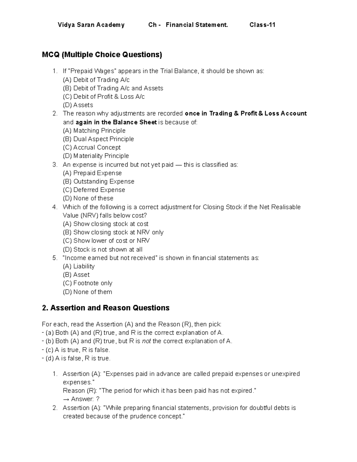 Vidya Saran Academy CH Financial Statement & Provisions Notes - Studocu