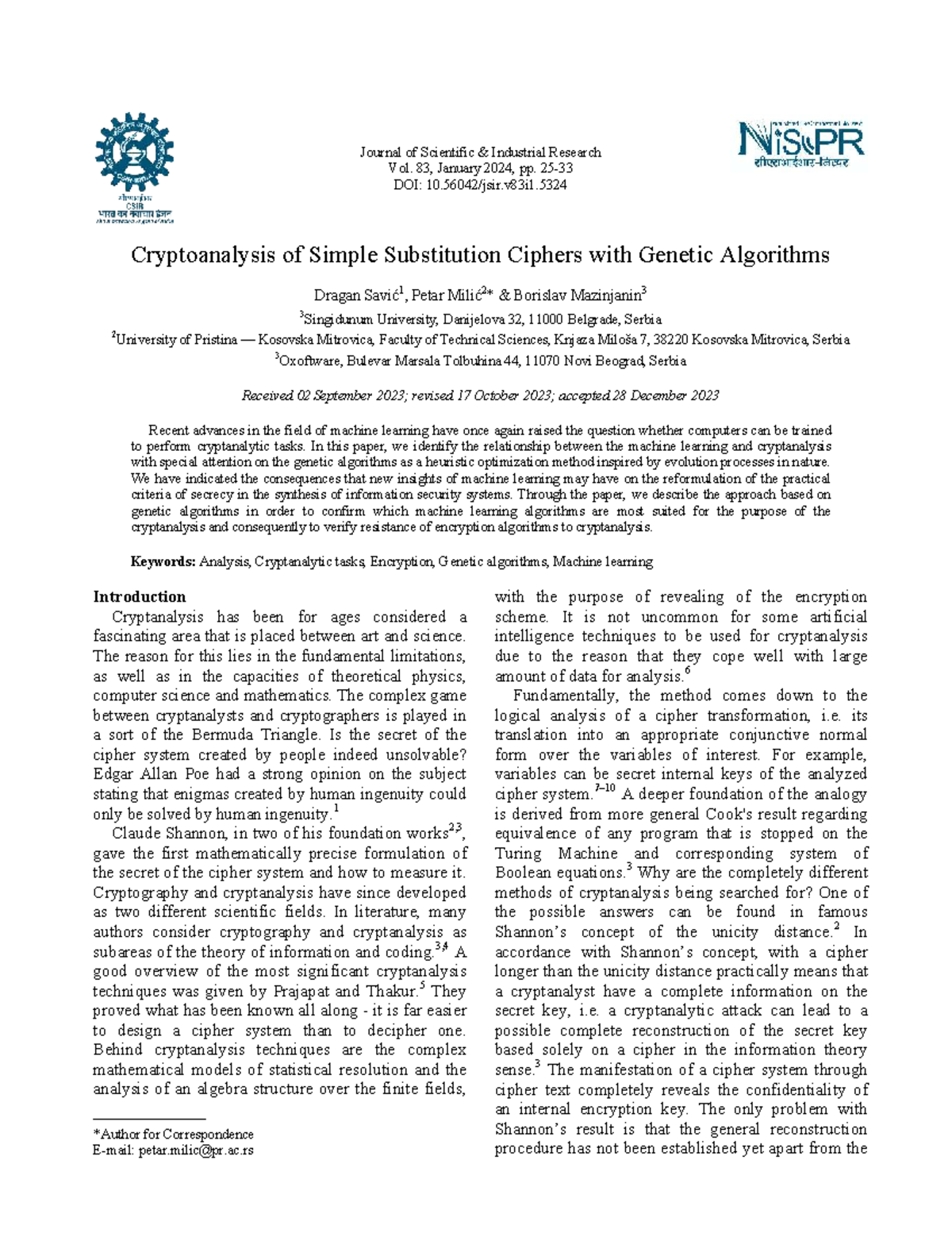 Cryptoanalysis of Simple Substitution Ciphers Using GAs - JSIR Vol. 83 ...