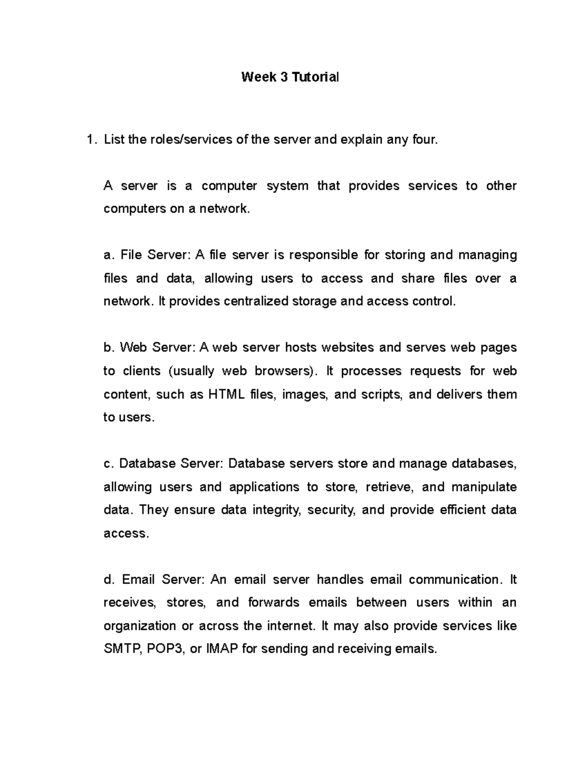 CSE 301: Week 3 Tutorial Notes on Server Roles and Hardware - Studocu