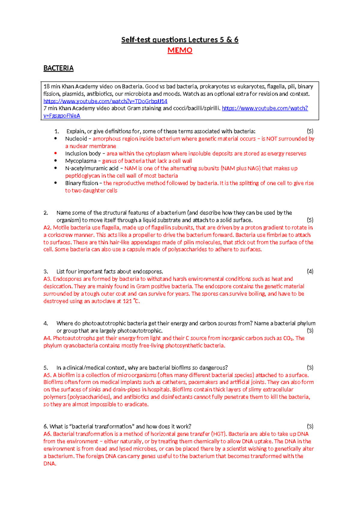 Self-Test Questions Memo for Lectures 5 & 6 on Bacteria Concepts - Studocu