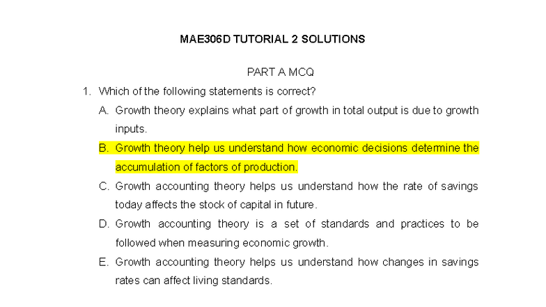 MAE306D TUTORIAL 2 SOLUTIONS: Growth Theory & Economic Models - Studocu