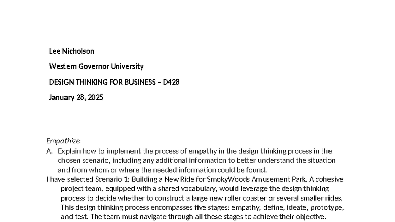 Design Thinking Process for Amusement Parks - D428 - Studocu