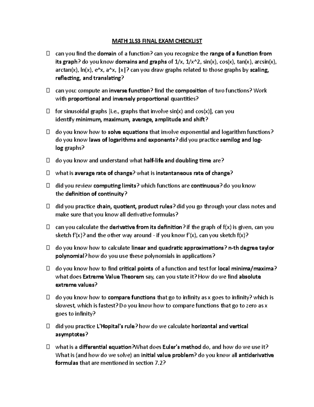 MATH 1LS3 Final Exam Review - Checklist - MATH 1LS3 FINAL EXAM ...