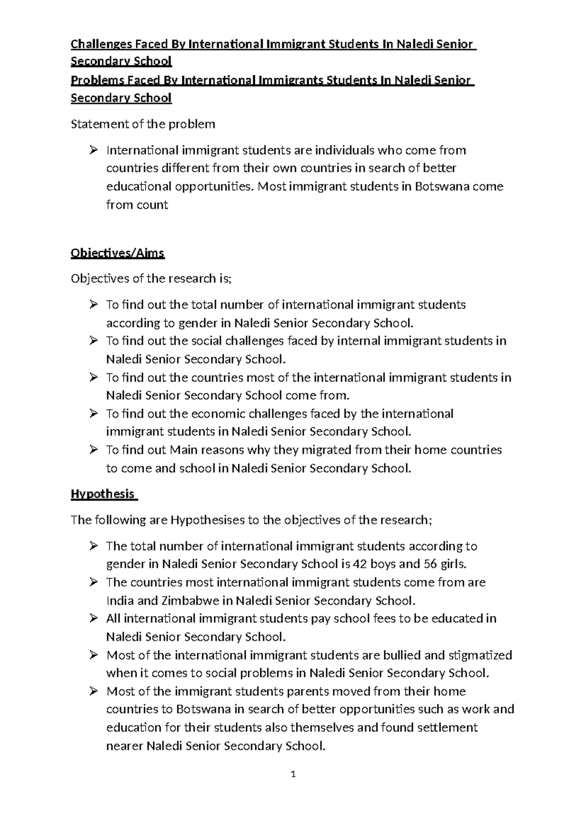 Challenges Faced by International Immigrant Students at Naledi Senior ...
