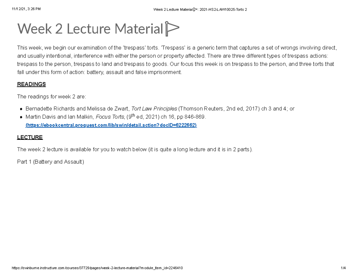 Week 2 Lecture: Torts - Trespass to Person (Battery, Assault ...