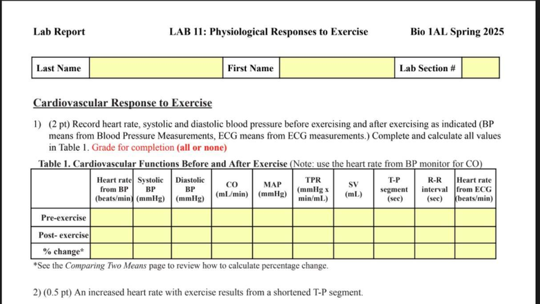 Lab Report LAB 11: Cardiovascular & Respiratory Responses to Exercise ...