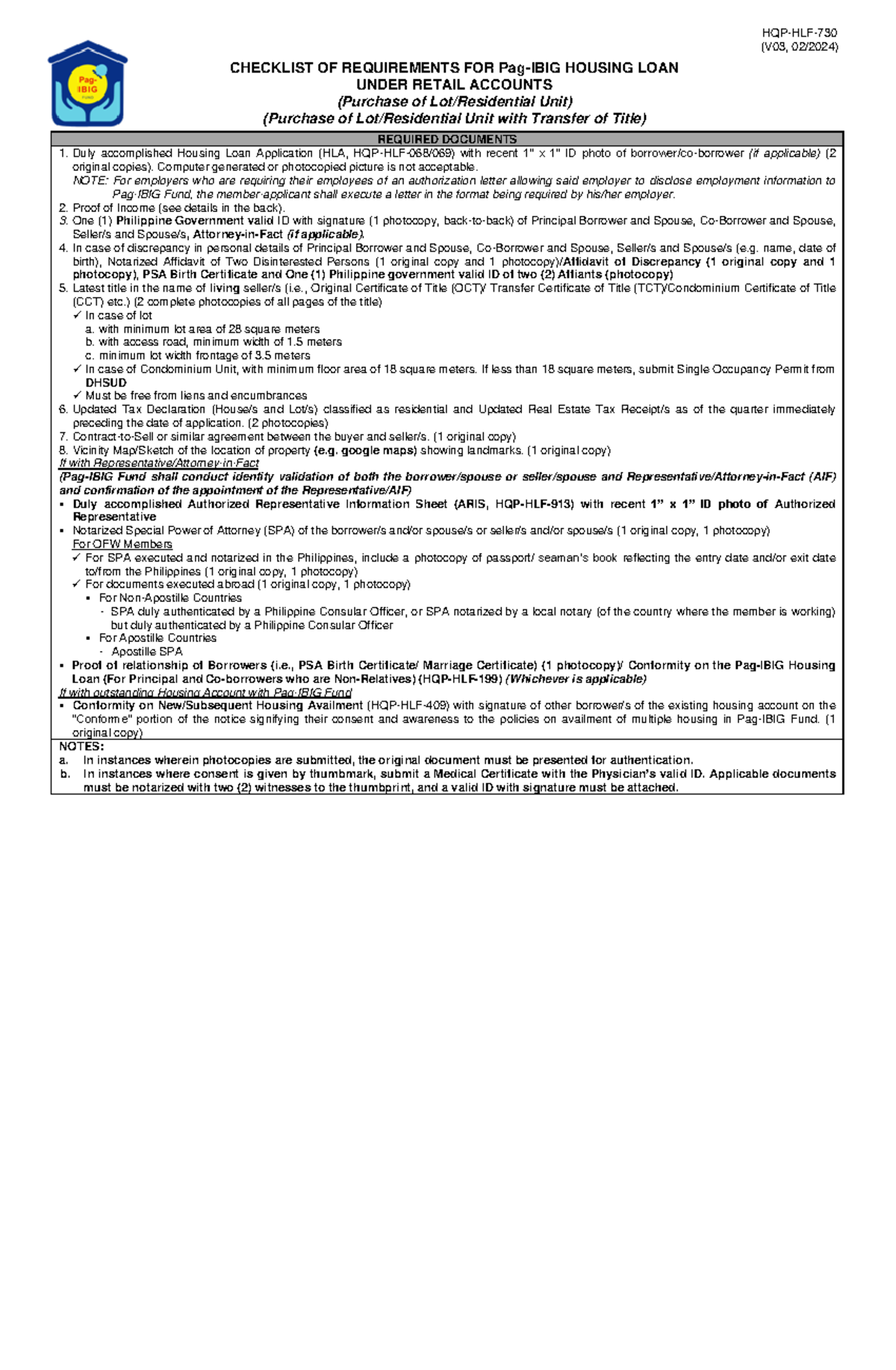 HLF730 Checklist for Pag-IBIG Housing Loan Requirements V03 - Studocu