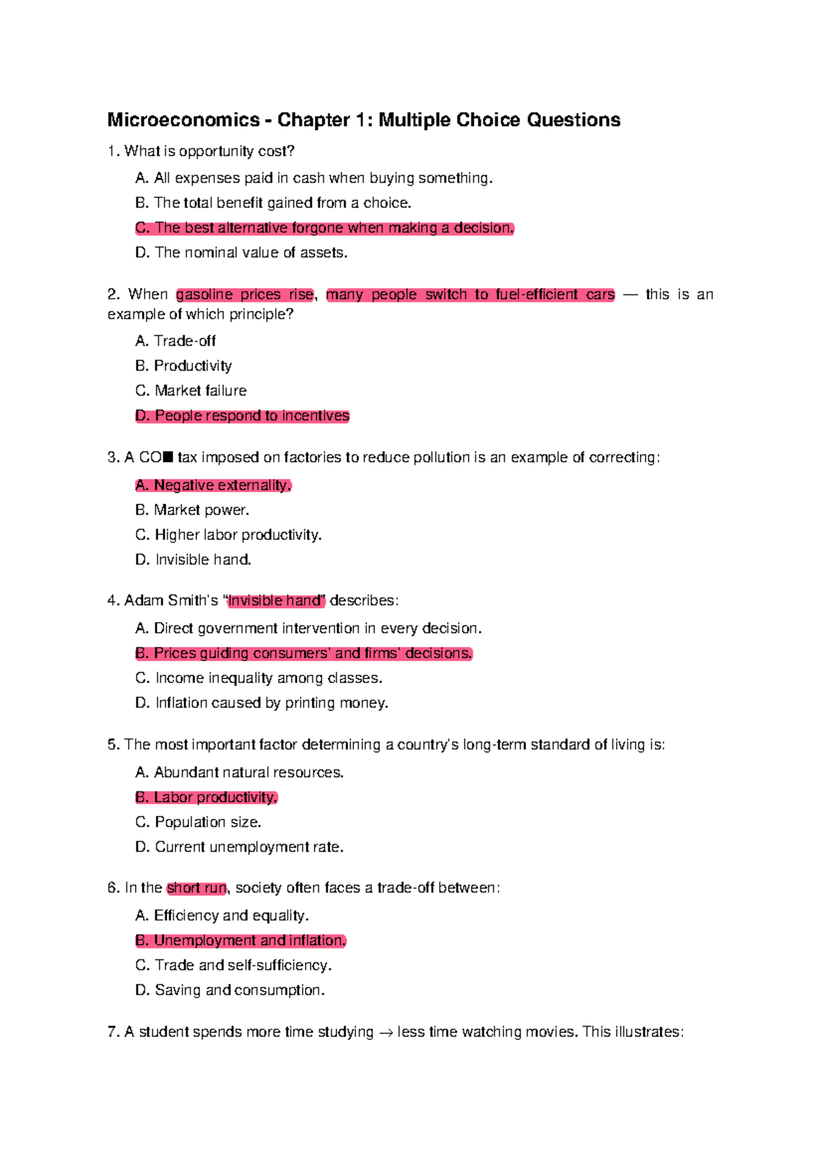 Microeconomics (TA) Chapter 1: Multiple Choice Questions Review - Studocu