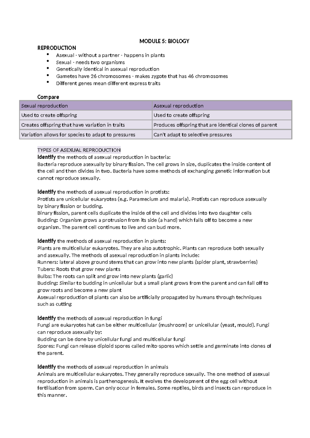 Biology Module 5: Reproduction and Cellular Processes Notes - Studocu