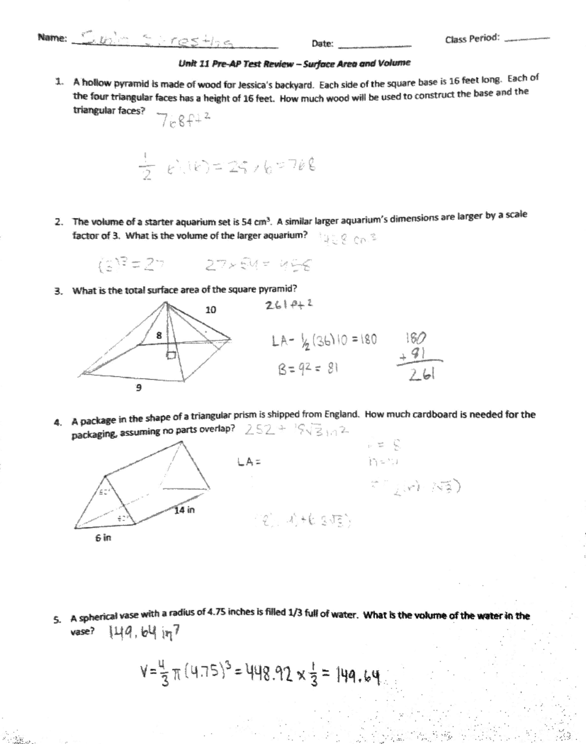 MATH 101: Unit 11 Test Review on Surface Area & Volume Concepts - Studocu