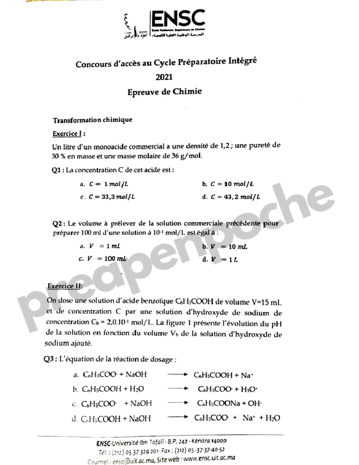 ENSC Concours 2021 Epreuve de Chimie et Physique Exercice et QCM — free download