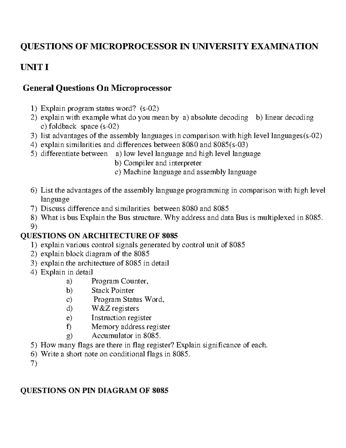 Microprocessor 8085: Detailed Question Bank for Exam Preparation - Studocu