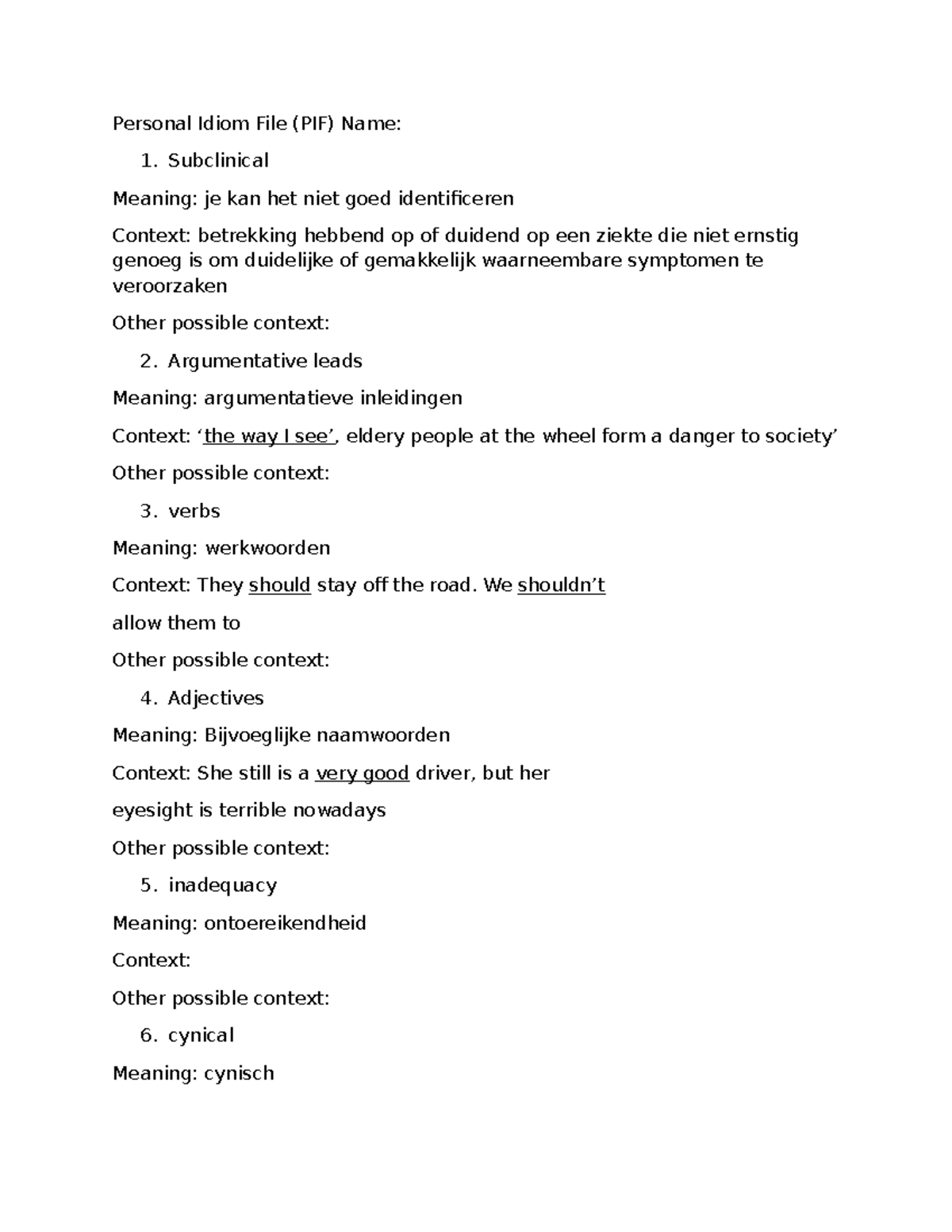 PIF Vocabulary List: Key Terms & Meanings for English Class - Studeersnel