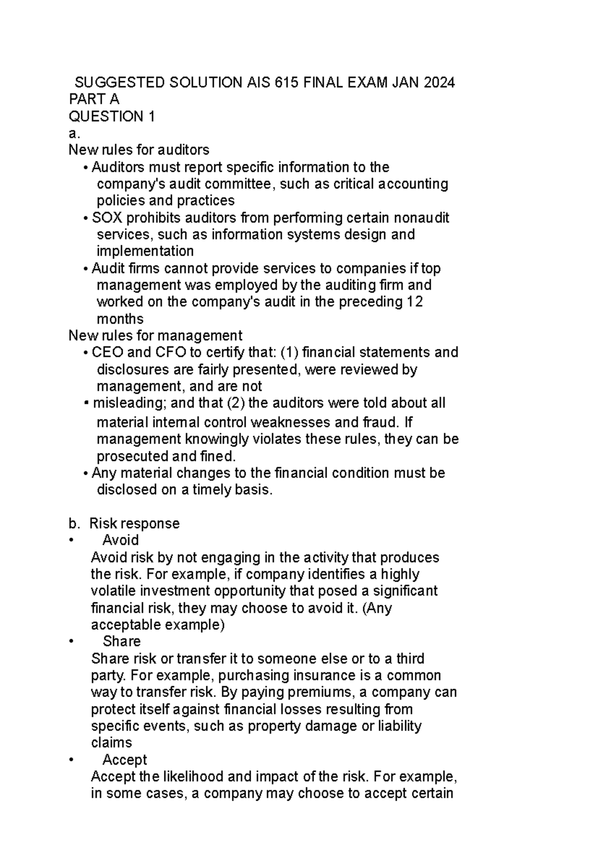 Suggested Solutions for AIS615 Final Exam - January 2024 - Studocu