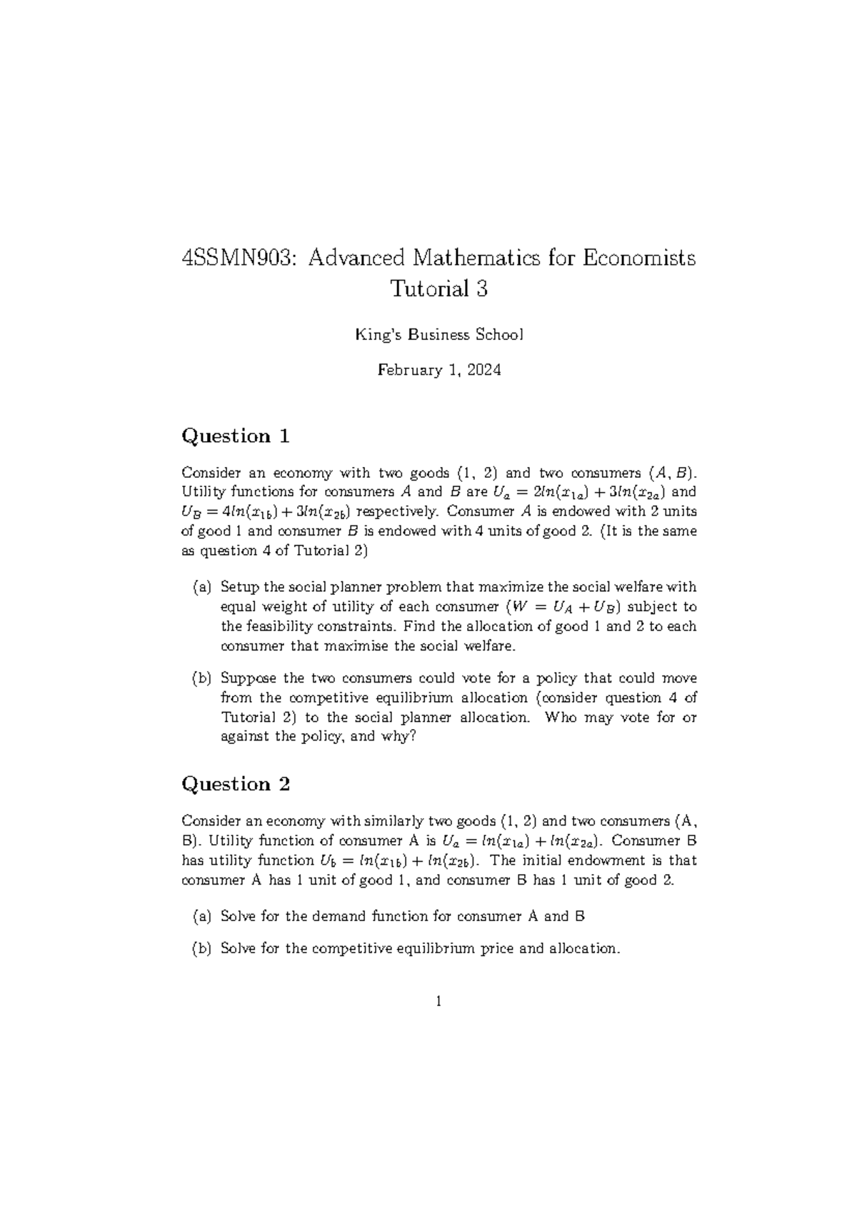 Advanced Mathematics for Economists (Tutorial 3) - 4SSMN903: Advanced ...