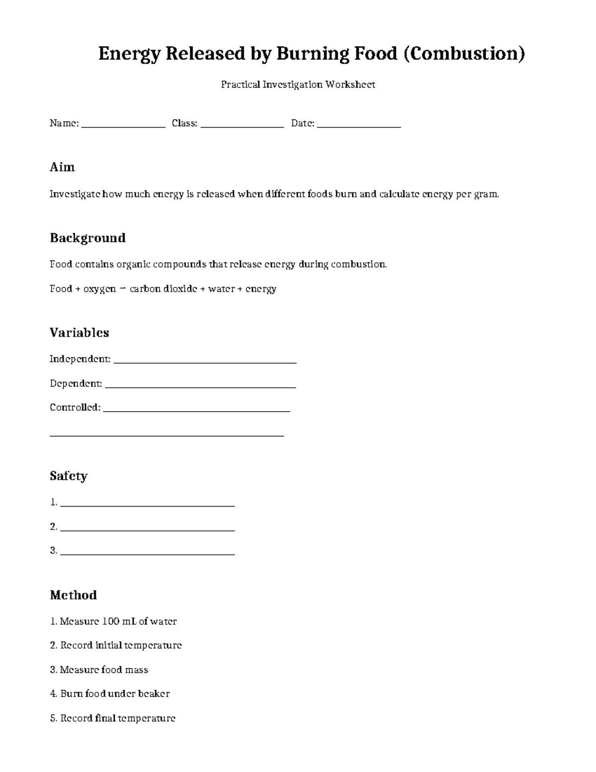Energy Released from Food Combustion: Practical Worksheet - Studocu