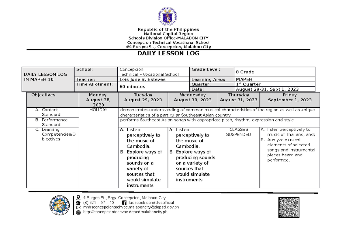 DLL G8 Q1 WEEK 1: MAPEH 10 Daily Lesson Log Insights - Studocu