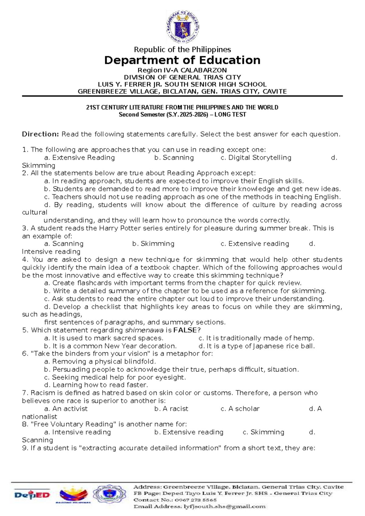 LONG QUIZ - 21st Century Literature (S.Y. 2nd Sem) - Studocu