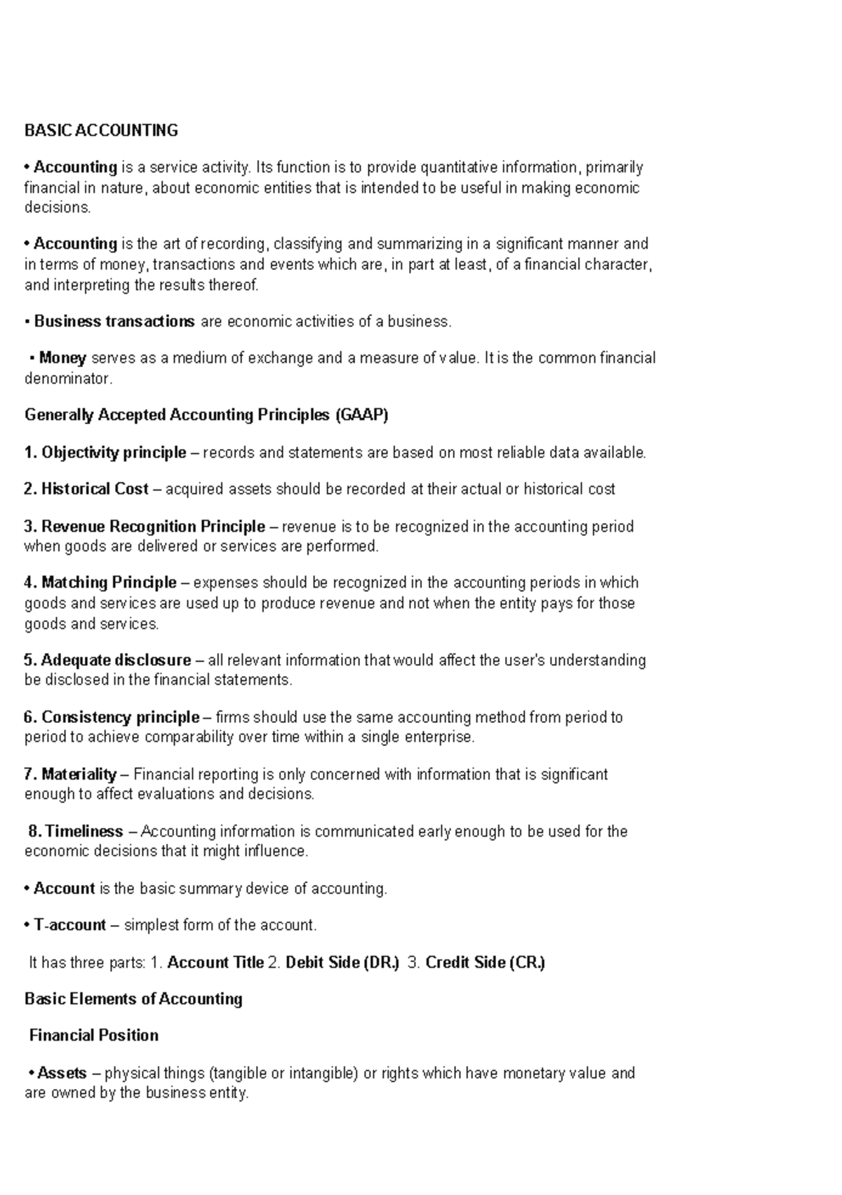 BASIC ACCOUNTING (ACCT101) - Key Principles and Transactions Overview ...