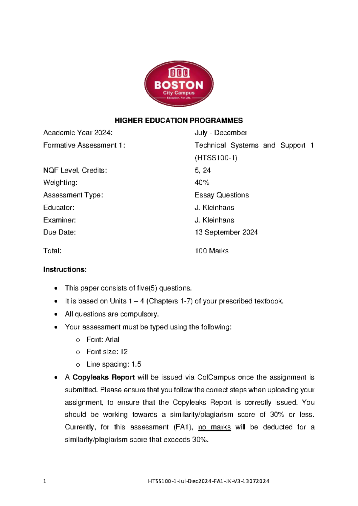 HTSS100 1: FA1 Essay Questions on Technical Systems & Support - Studocu