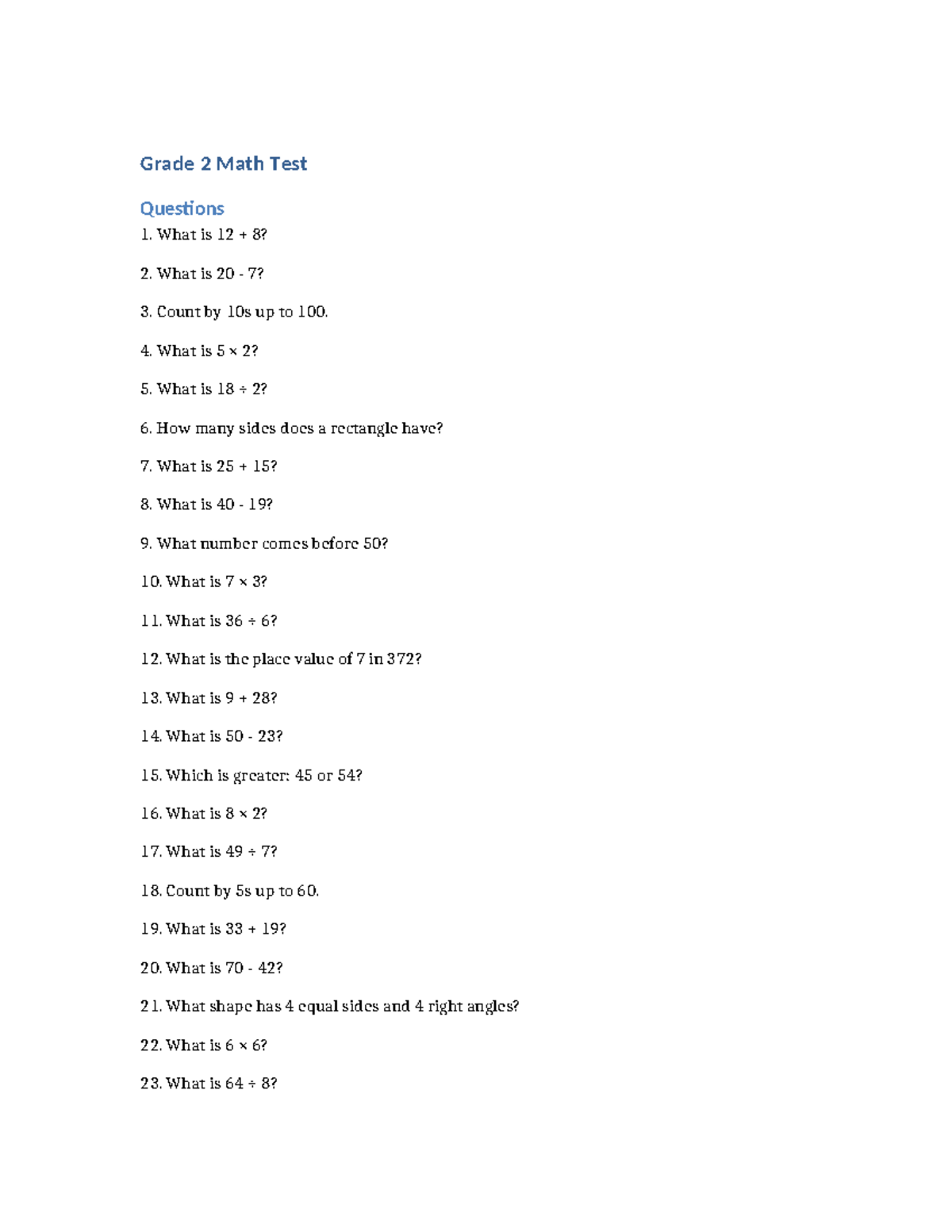 Grade 2 Math Test Questions - Practice Set 50 - Studocu