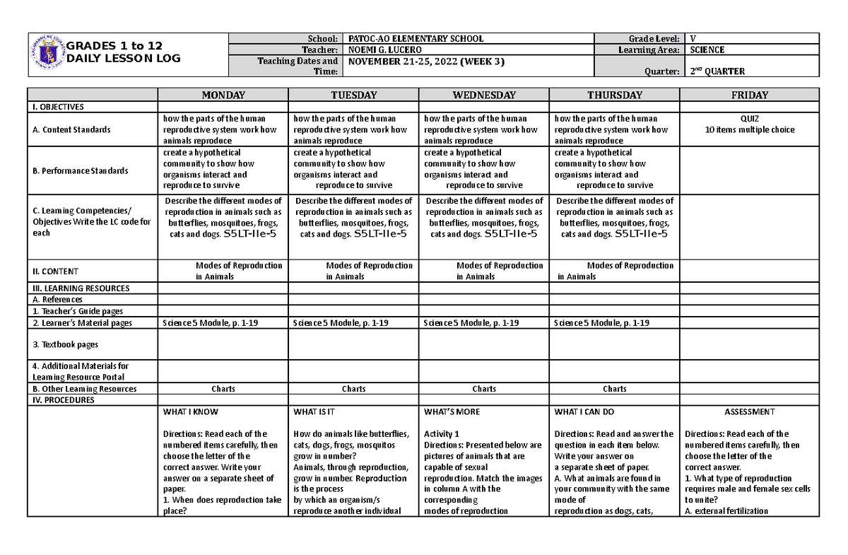 DLL Science 5 Q2 W3 - Modes of Reproduction in Animals Lesson Log - Studocu