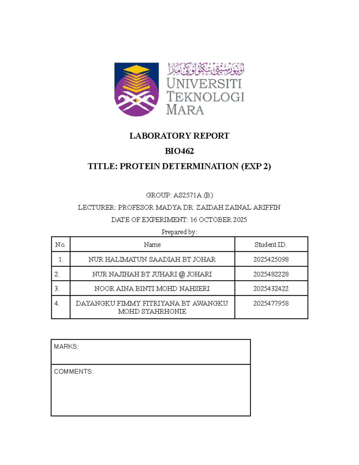 Protein Determination Lab Report (EXP AS2571A) - 16 Oct - Studocu