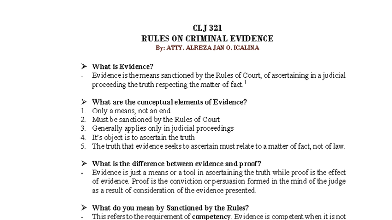 CLJ 321 RULES ON CRIMINAL EVIDENCE: A Comprehensive Overview - Studocu