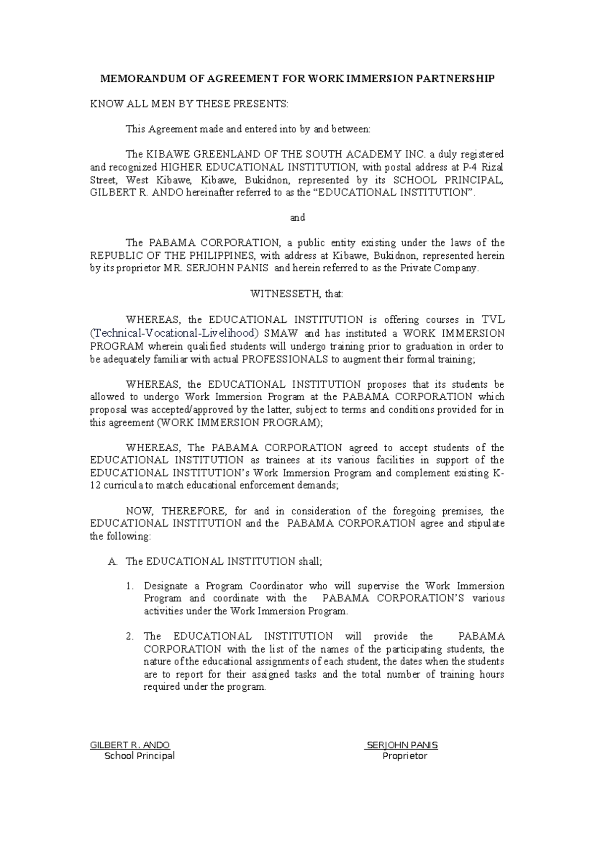 Memorandum of Agreement for Work Immersion Partnership - Studocu