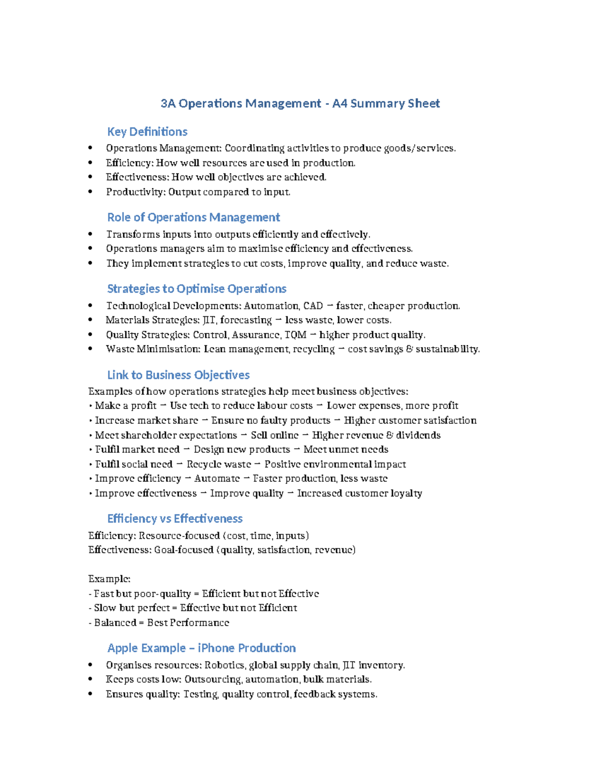 3A Operations Management A4 Summary: Key Definitions & Strategies - Studocu