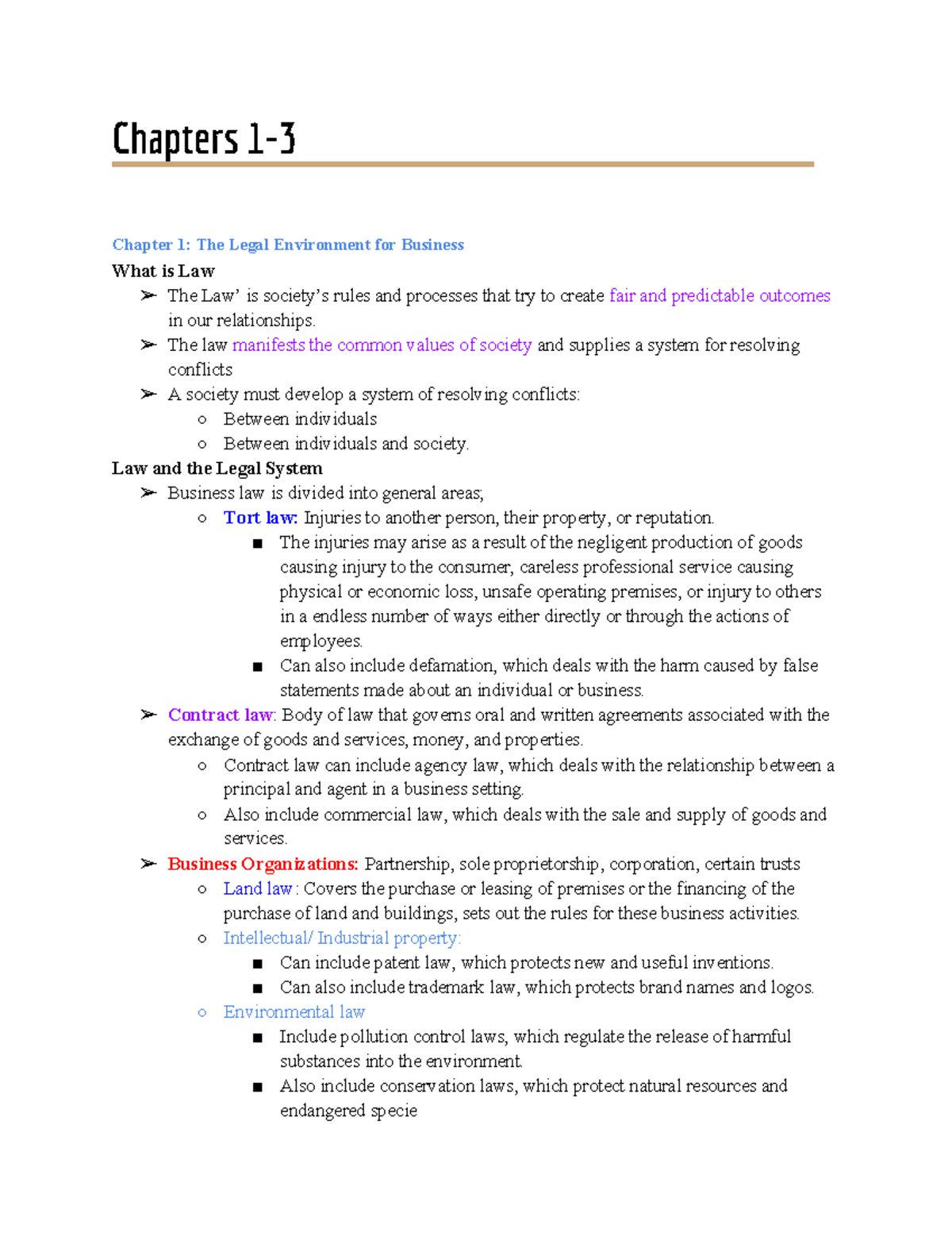 Chapters 1-3: Lecture Notes on The Legal Environment for Business - Studocu