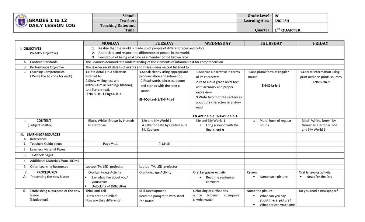DLL English 4 Q1 W1 - None - GRADES 1 to 12 DAILY LESSON LOG School ...