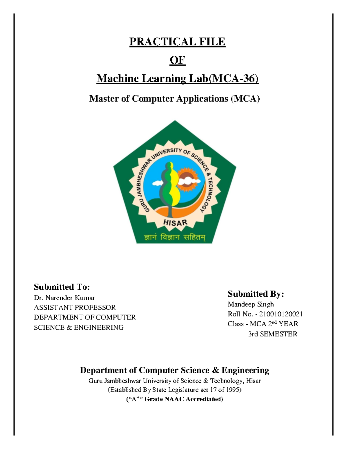 Practical File for Machine Learning Lab (MCA-36) - 3rd Sem - Studocu